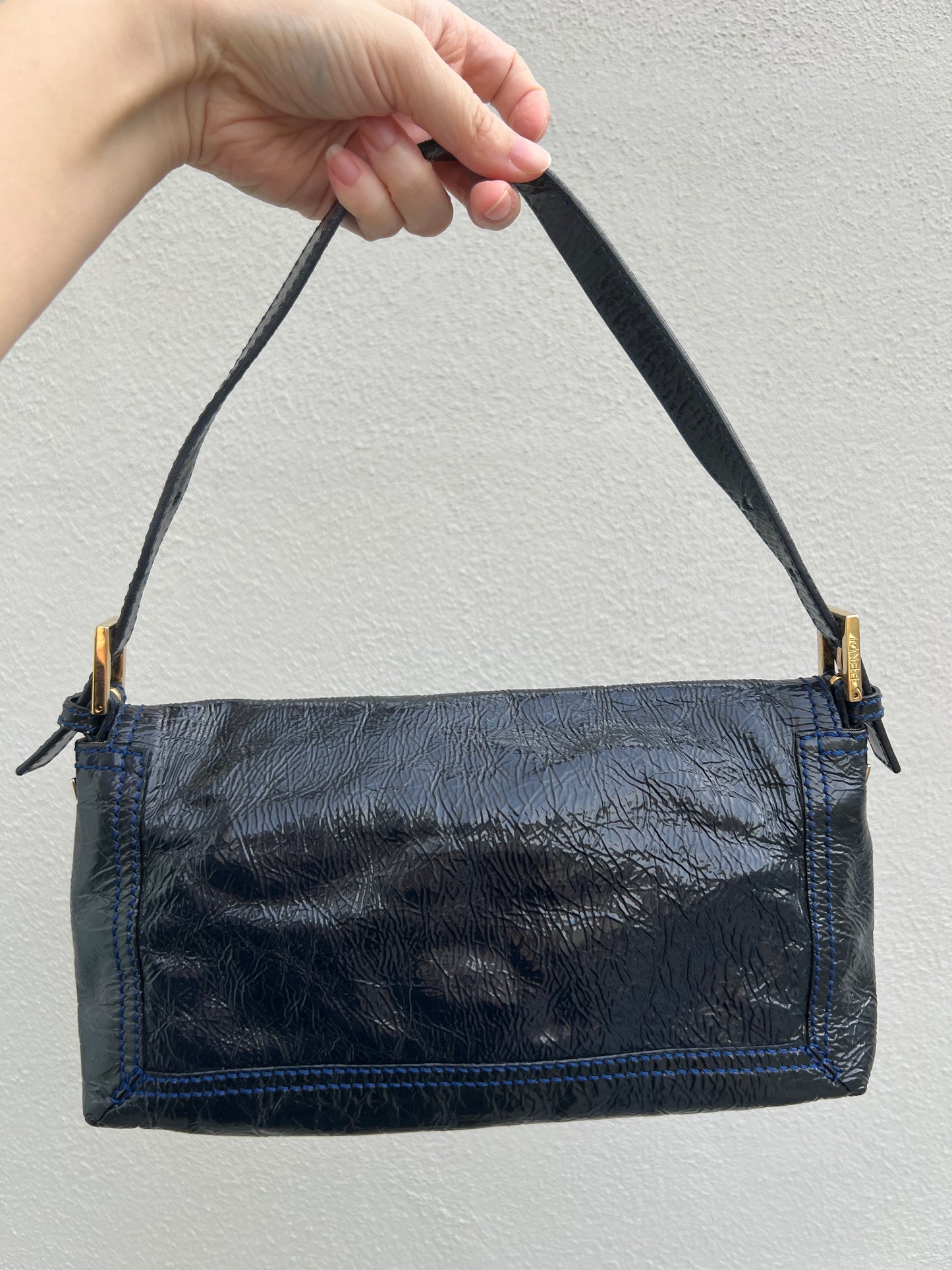 Pre-loved Fendi 3way Patent Leather Baguette Bag Navy Blue