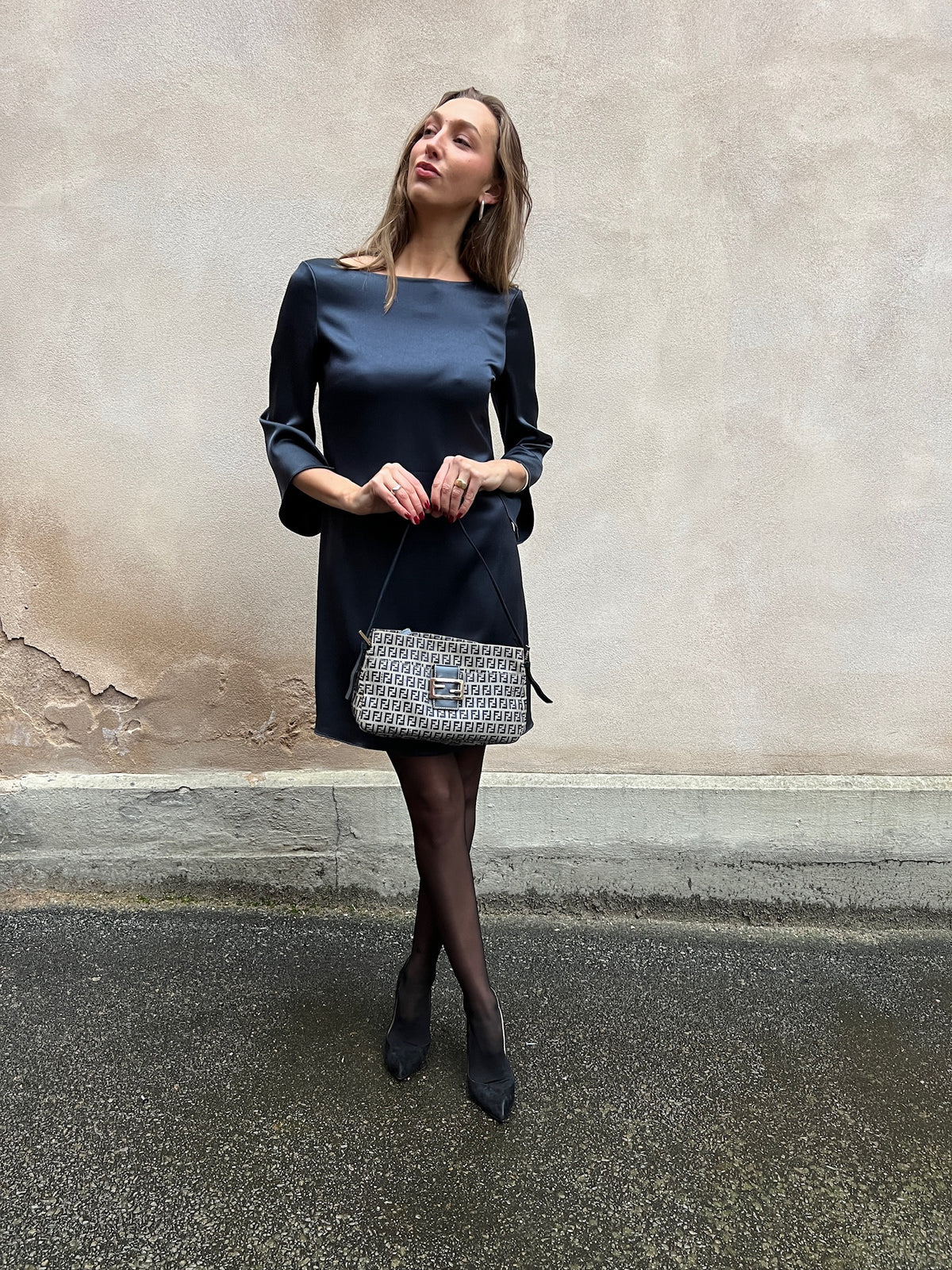 Pre-loved Fendi Monogram FF Mama Forever Baguette Flap Navy Blue