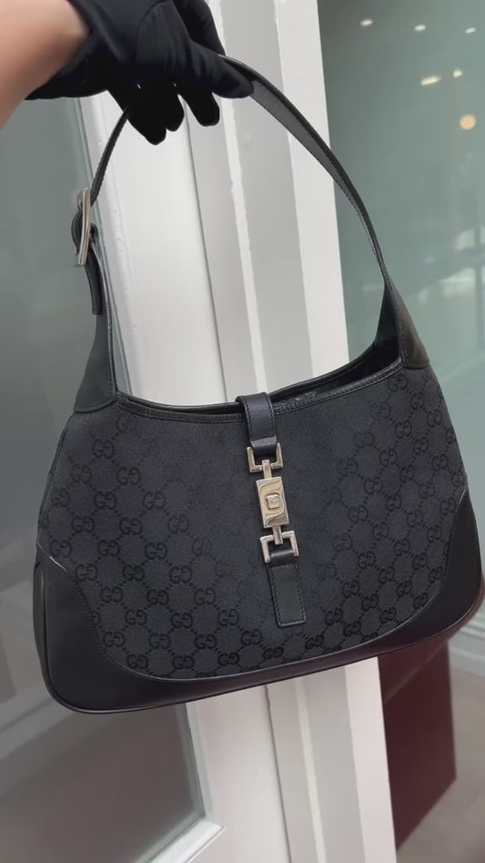 Pre-loved Gucci Black GG Canvas and Leather Jackie O Hobo 1999