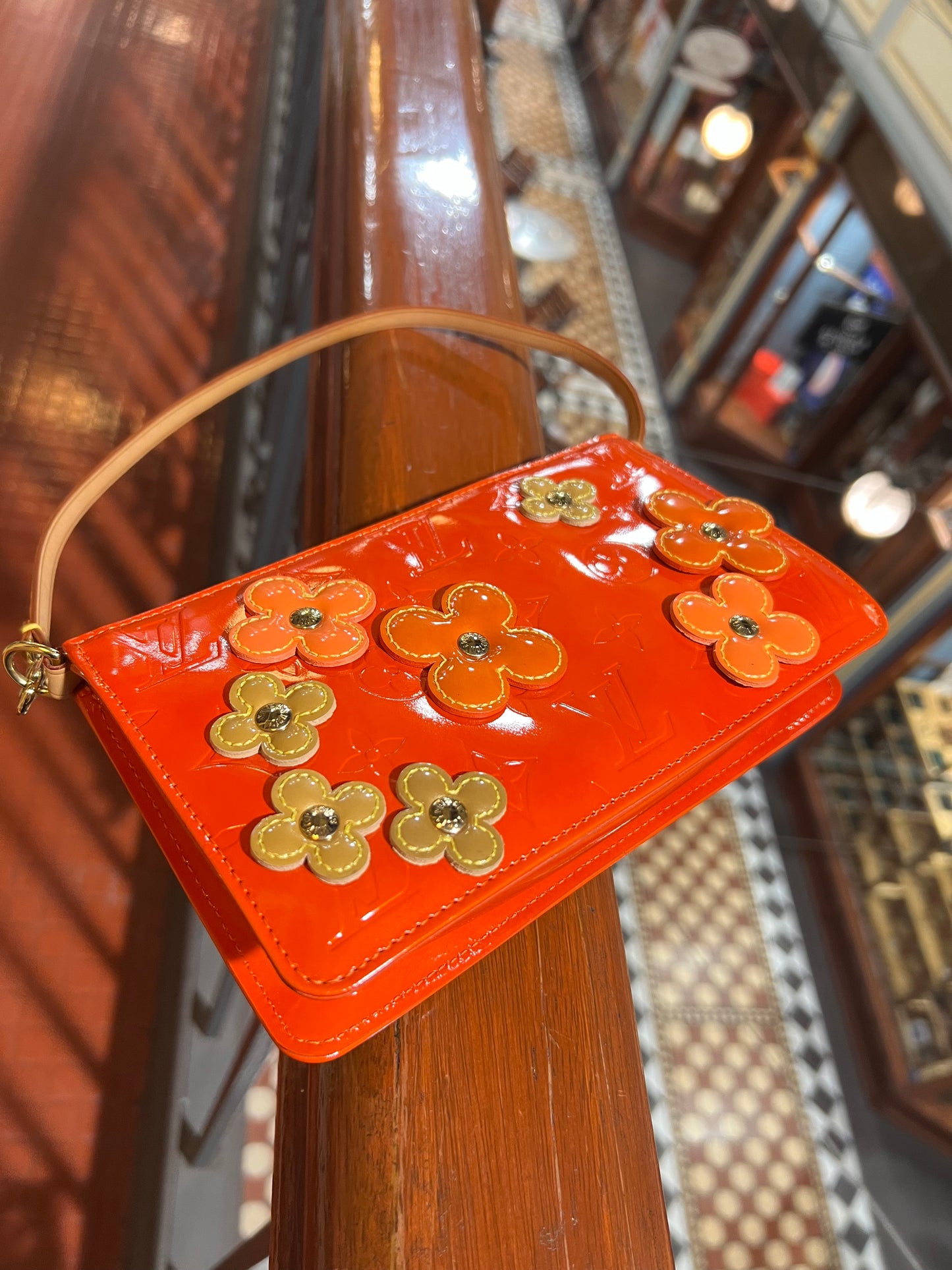Pre-loved Louis Vuitton Pochette Accessoire Patent Leather Handbag Orange Flowers