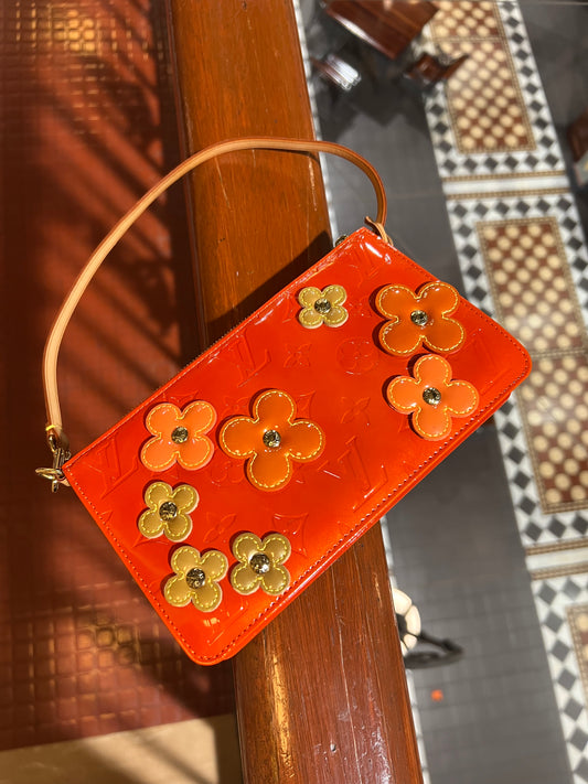 Pre-loved Louis Vuitton Pochette Accessoire Patent Leather Handbag Orange Flowers