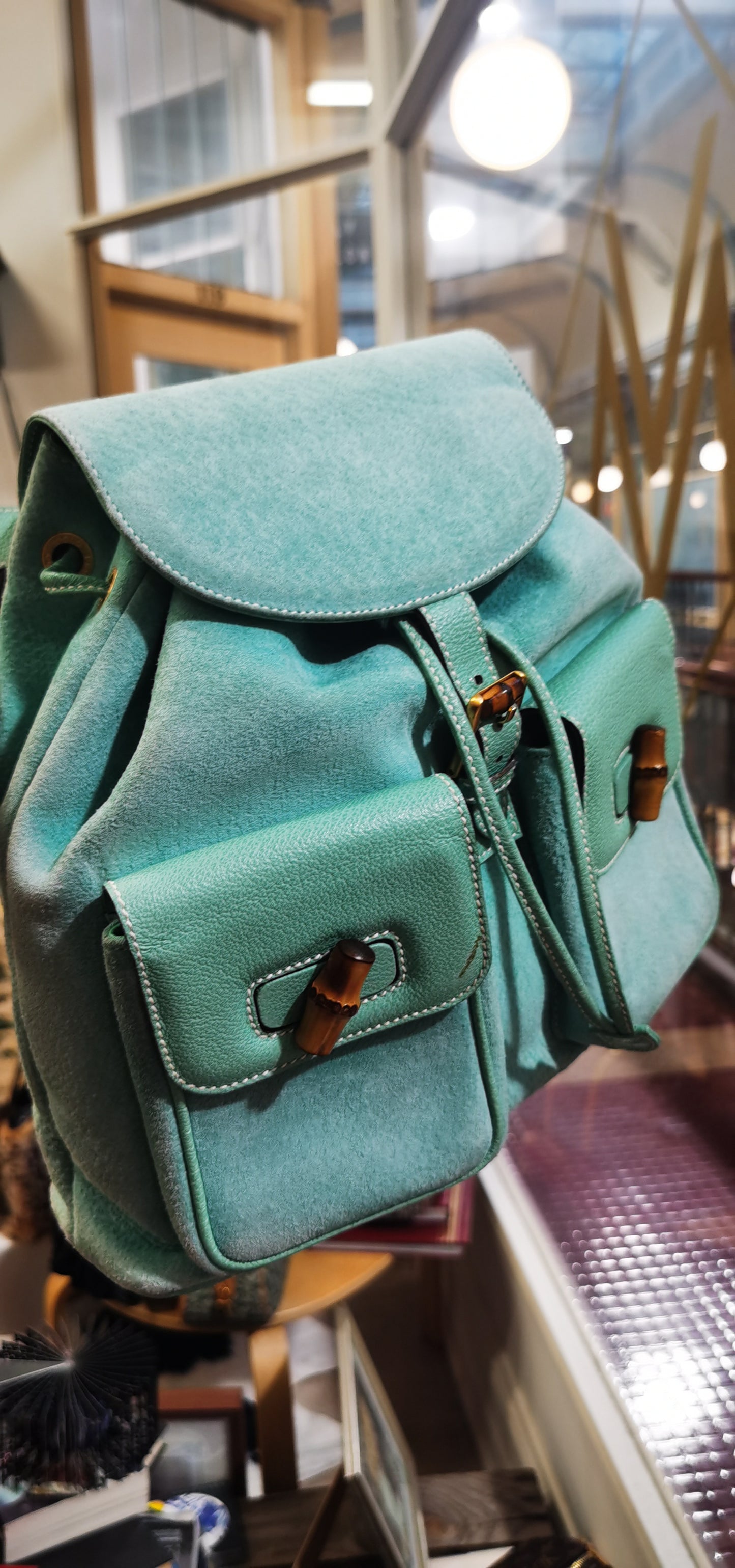 Pre-loved Gucci Vintage Bamboo Backpack Tiffany-blue